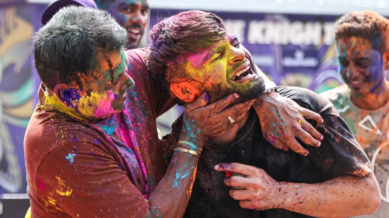 Amid a splash of bright hues, KKR stars including Ajinkya Rahane, Venkatesh Iyer, Rinku Singh and Angkrish Raghuvanshi were seen enjoying the festivities, smearing colors on each other