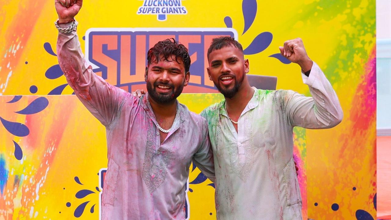Rishabh Pant and Nicholas Pooran embrace the Holi spirit with teammates at the LSG camp