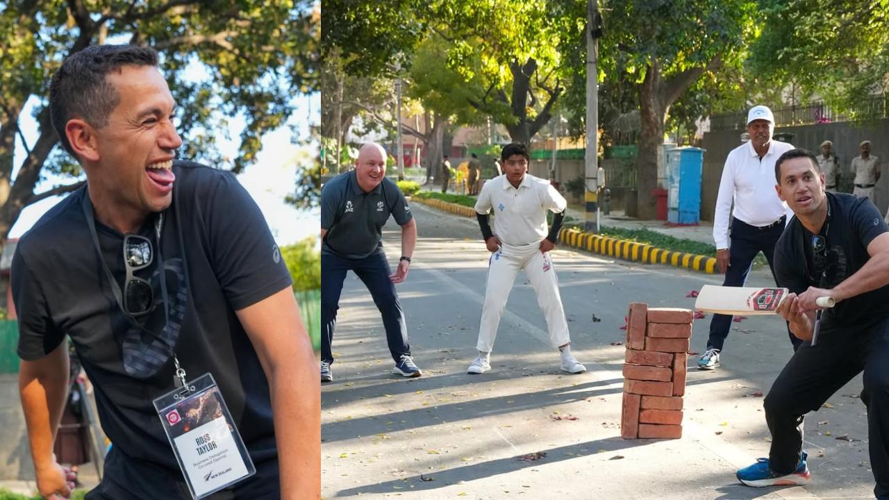 Taylor, who was known for his trademark pulls and slog-sweeps, at the crease as a lively crowd of children look on.