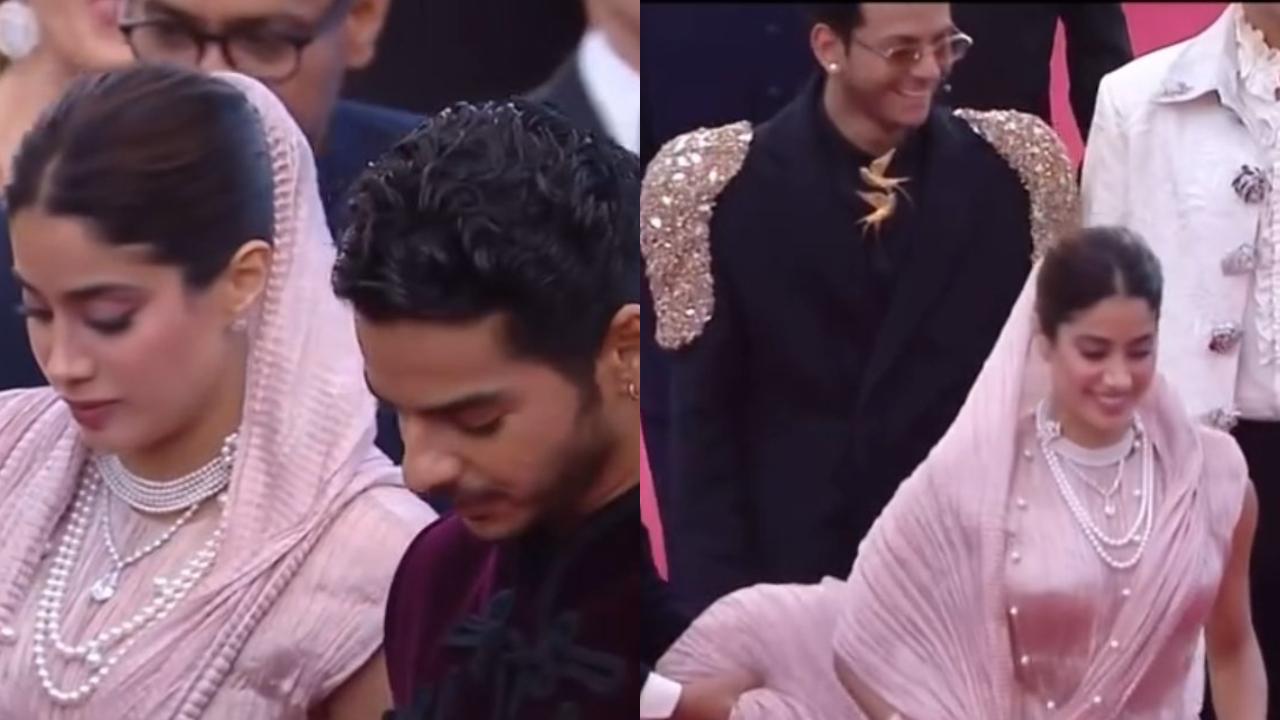 Cannes 2025: Janhvi slays in a pink saree, Ishaan stuns with desi swag