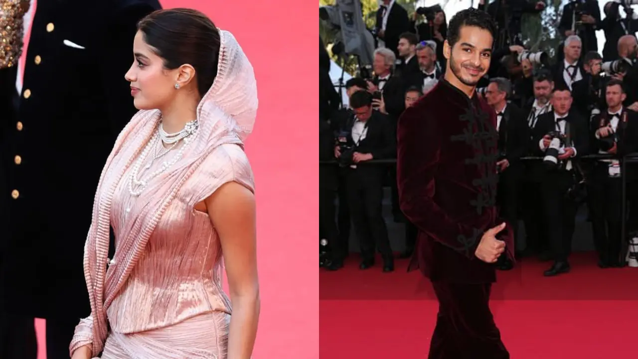 Cannes 2025: Janhvi slays in a pink saree, Ishaan stuns with desi swag