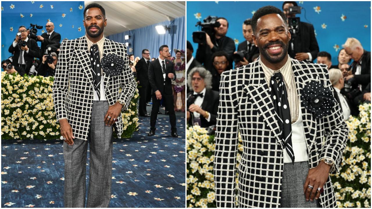Domingo, also a co-chair of the event, took off the cape and revealed his outfit — a Valentino ensemble which included a silk shirt, wide-leg wool trousers and a black and beige chequered wool jacket featuring pearl and crystal embroidery
