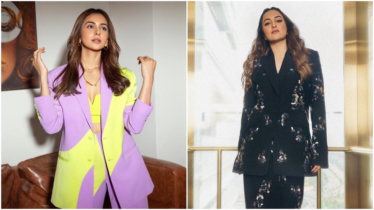 Opt for unique colours and patterns when you want to stand out (Photos Courtesy: Instagram/Rakul Preet Singh, Sonakshi Sinha)
Go bold
Pick a colour with pop cobalt blue, tangerine, a deep magenta, plum, bright navy or bottle green. These, as designer Aanchal Bubber-Mehta explains, are perfect for evening events, panels, or occasions when you want to stand out. When picking a suit for the office, opt for a smart but slightly muted palette, which includes blue-grey, deep olive, navy, charcoal, grey or khaki