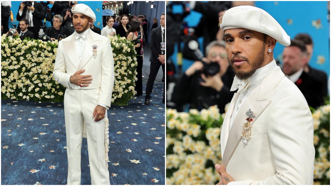 Lewis Hamilton
Lewis Hamilton, also one of the co-chairs of the event, aced his look at Met Gala 2025 and made a cultural statement by embodying the theme of the event. He donned a Grace Wales Bonner ensemble, featuring an ivory suit and beret adorned with golden brooches. The black dress shoes and chunky rings completed the outfit