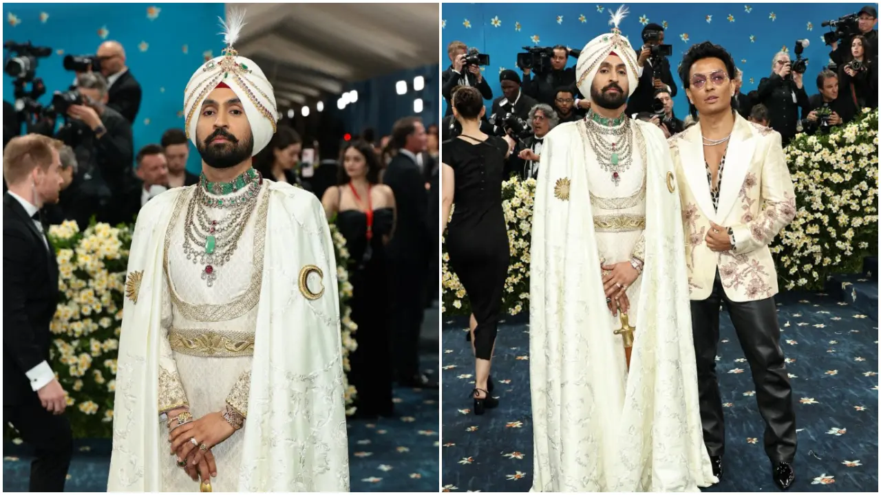Diljit Dosanjh
Diljit Dosanjh embodied royalty as he made his debut at Met Gala donning an Indian ensemble by Prabal Gurung. The outfit featured an ivory and gold sherwani, paired with a tehmat and bejewelled turban. One of the highlights of the look was the long cape that featured an embroidered map of Punjab, reflecting the singer’s connection to his heritage