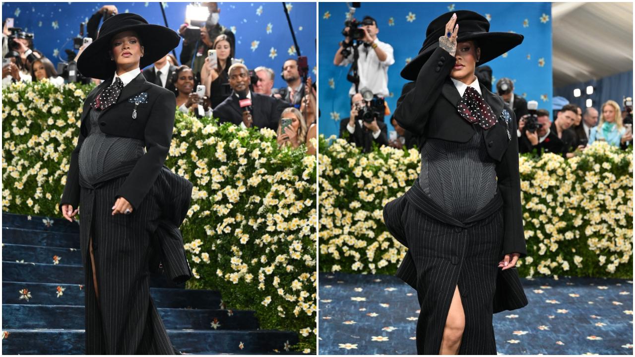 Rihanna
For the fashion extravaganza, Rihanna chose a custom Marc Jacobs ensemble, which featured a corseted bodice and cropped blazer. The floow-length pinstripe skirt looked like a suit jacket, making it stand out. The star, who confirmed her third pregnancy with this appearance, completed the look with a white-brimmed hat