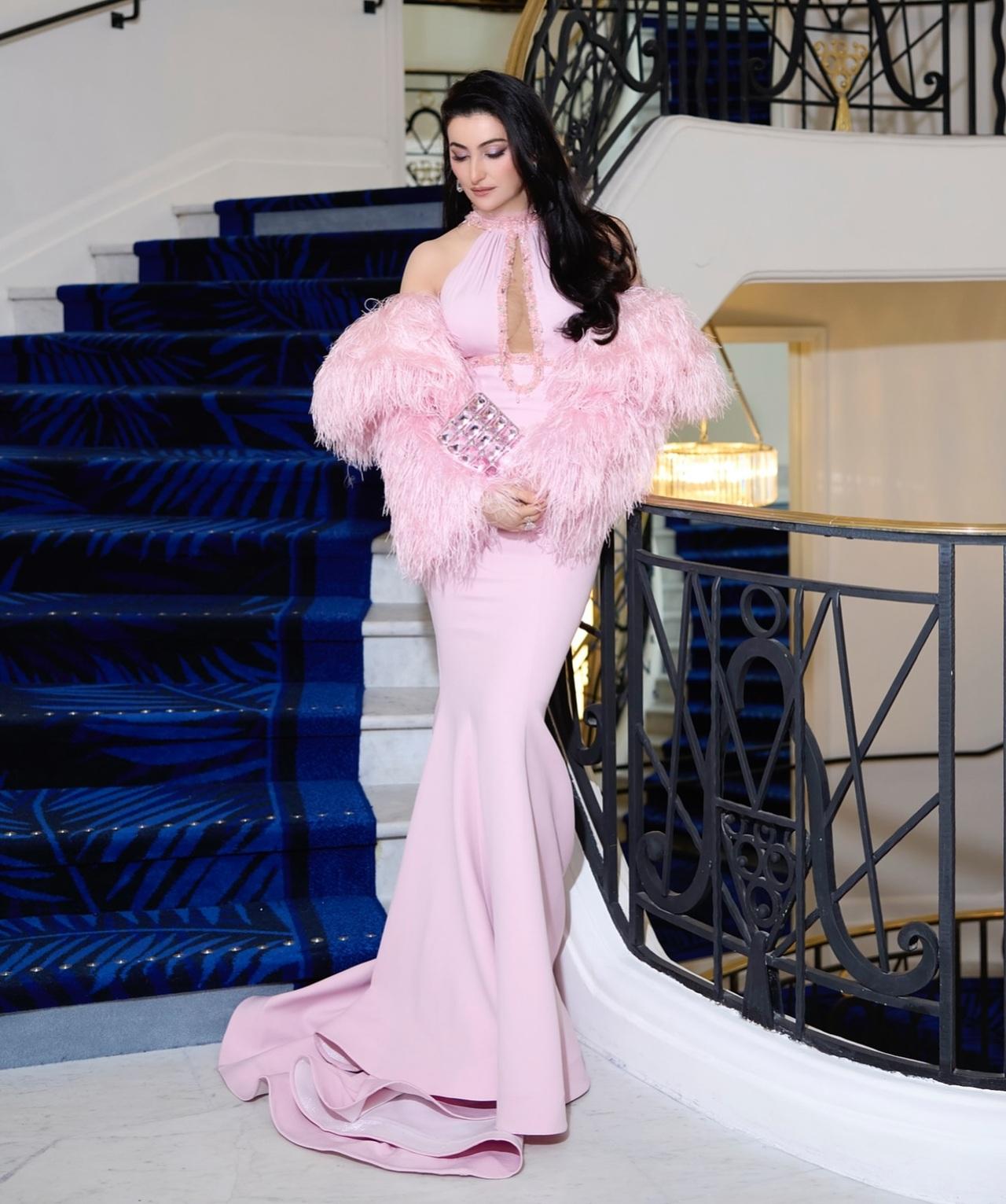 At the 78th Cannes Film Festival, Shalini Passi stunned in a strapless pink mermaid gown by Fouad Sarkis, styled by Ornely’s Couture. The dramatic fishtail silhouette brought fairytale elegance to the red carpet