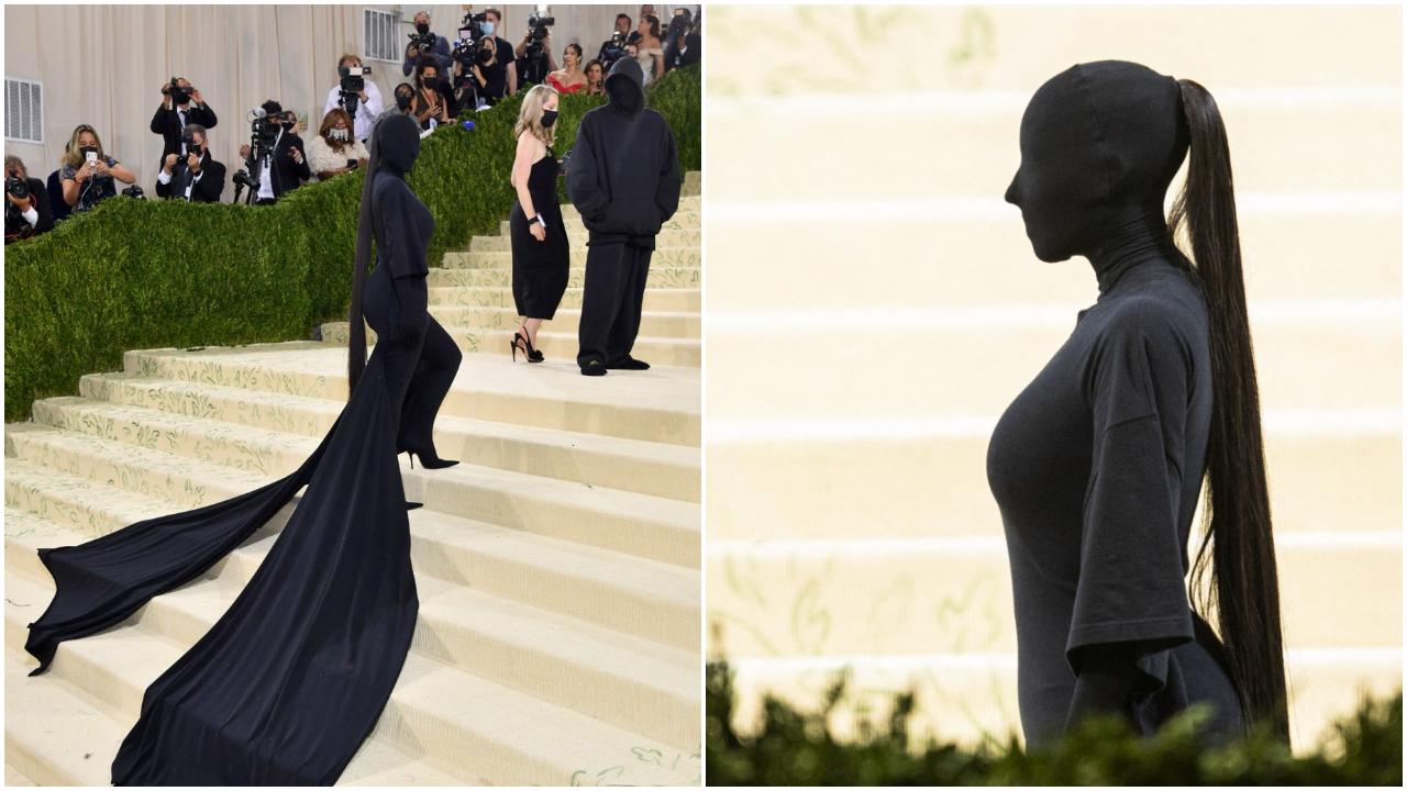 Kim Kardashian – 2021
Kim Kardashian’s look at Met Gala 2021 deserves an undisputable place in this list. She opted for an all-black outfit by Balenciaga. But here’s the weird part – she also covered her face, including eyes, with a black mask. The mysterious vibe of the outfit broke the internet and attracted several memes