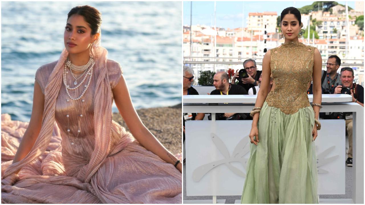 Janhvi Kapoor
The Bollywood diva looked radiant as she made her Cannes debut in a blush pink three-piece Banarasi tissue ensemble by Tarun Tahiliani, which presented a contemporary take on the Indian textile. For the second look, she opted for a custom Anamika Khanna gown, which featured a gilded bodice and green train