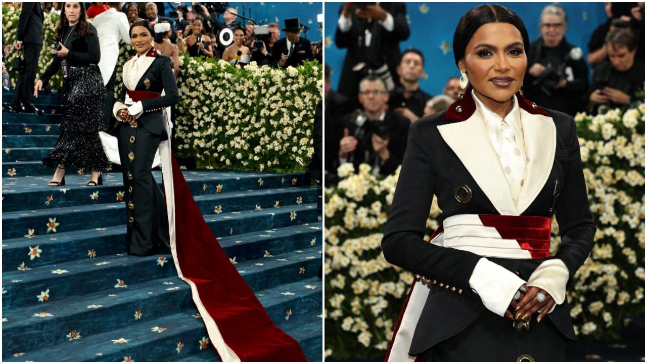 Mindy Kaling
Mindy Kaling looked stunning in a tailored ensemble by Harbison Studio. The outfit featured a fitted blazer, gold buttons on the skirt, red velvet detailing around the waist and the collar, and a white and red train