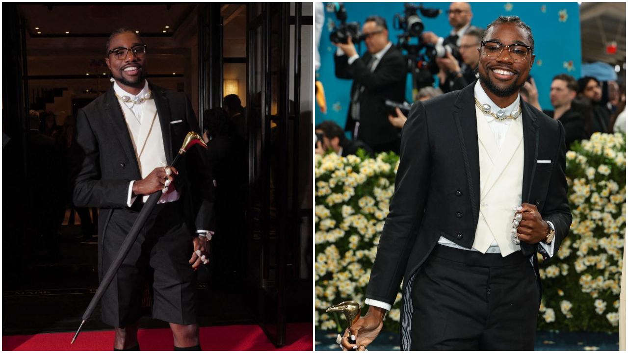 Noah Lyles
Olympian Noah Lyles made a bold fashion choice, opting for a Thom Browne ensemble featuring shorts, white shirt, long coat and knee-high socks. The statement neckpiece and rings donned by him elevated the look