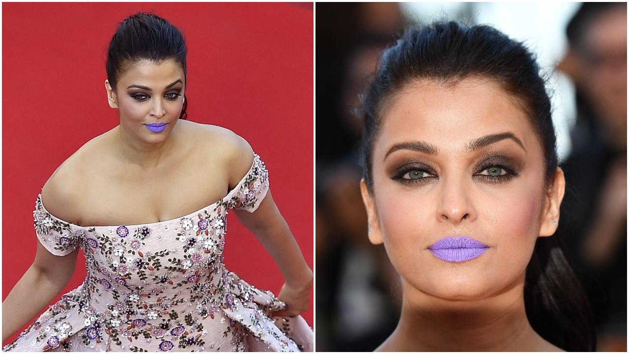Aishwarya Rai, 2016
A must-have in this list, Aishwarya Rai’s trendsetting purple lipstick look is also one of the most memorable ones. A viral and defining moment in the fashion history of Indian celebs at Cannes, the choice of lip shade was more bold than bizarre, but drew mixed reactions from fashion enthusiasts