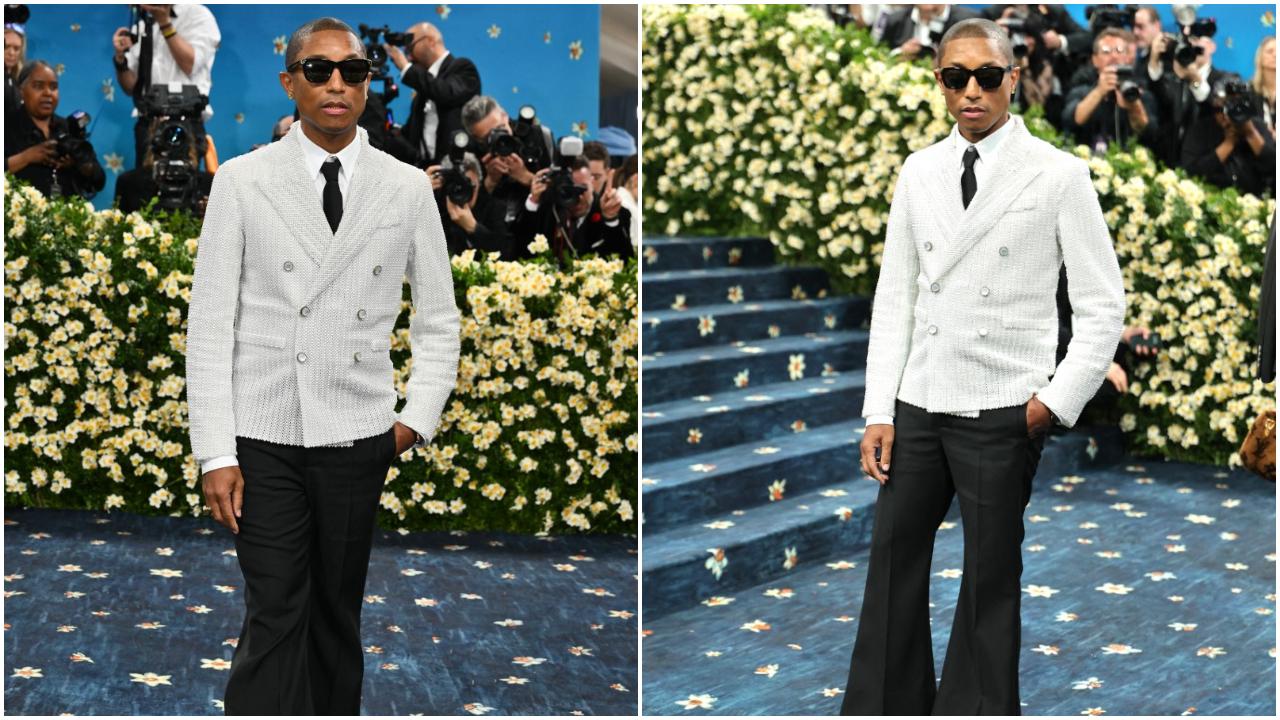Pharrell Williams
Pharrell Williams, also a co-chair of the event, arrived in a Louis Vuitton ensemble created by him and his team. It featured black flared trousers and a double-breasted blazer adorned with thousands of pearls