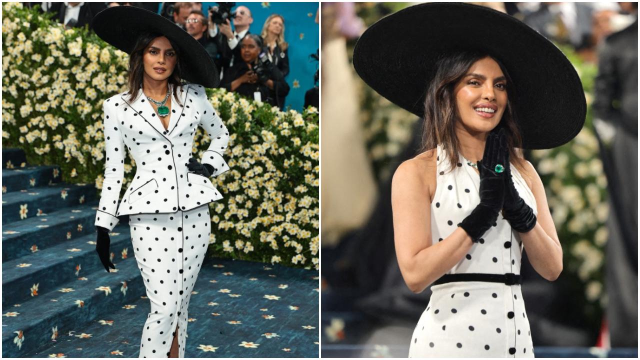 Priyanka Chopra Jonas
Marking her fifth Met Gala appearance, Priyanka Chopra Jonas understood the assignment as she donned a tailored white polka dots dress created by Olivier Roustein for Balmain. She completed the look with an oversized black hat. The emerald Bulgari neckpiece and ring added a pop of colour to the monchrome outfit