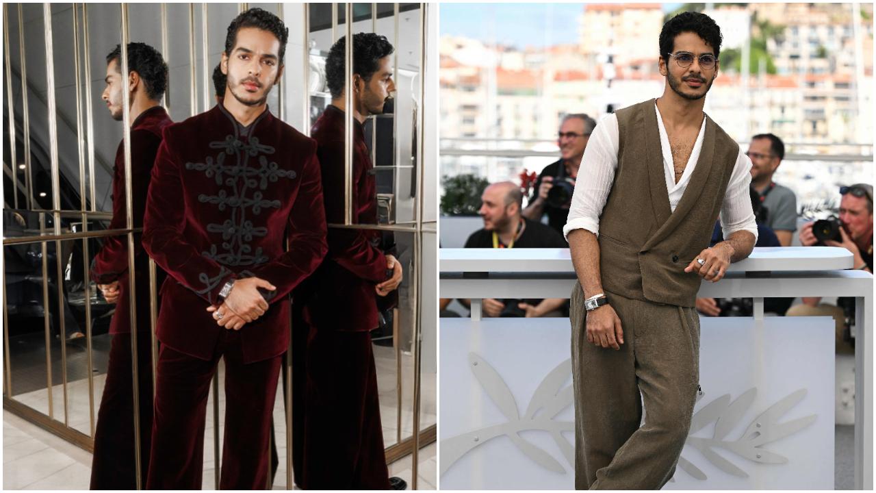 Ishaan Khatter
Ishaan Khatter didn’t disappoint with his fashion choices as he wore a deep Bordeaux velvet suit by Gaurav Gupta for his first look. The bandhgala featured black zardozi celtic knot embroidery. He looked casually sophisticated as he made his second appearance on the red carpet in an Armani ensemble