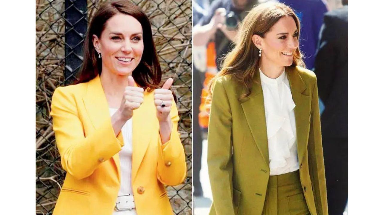 (L) The pop of yellow adds vibrancy to the look; (R) Kate Middleton in an olive green suit from Victoria Beckham’s Spring 2025 collection (Photos Courtesy: Catherine Princess of Wales)
Don’t neglect the inner shirt
While Kate wore a ruffled Chinese-collared blouse that softened the suit’s edge, an off-white or ivory shirt with pintucks, pleats, or soft ruffles can add feminine flair and visual interest, while letting the suit shine