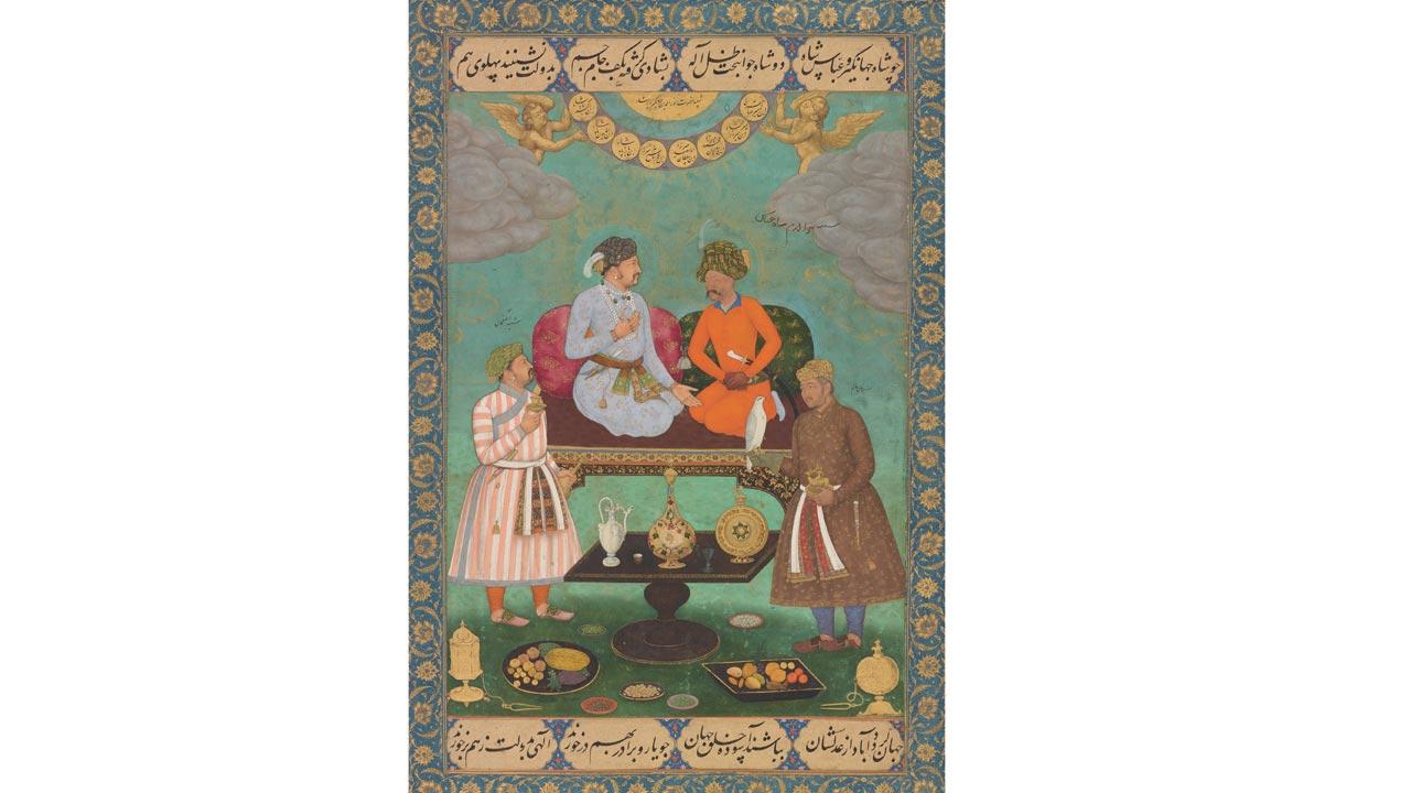 Jahangir welcoming Shah Abbas, Mughal School, c. 1620, watercolour, gold and ink on paper