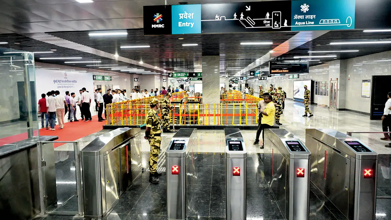 Access gates at the undergroud Metro station at BKC during the inauguration of the Phase II of the Aqua Line on Friday, the services will be operational from today