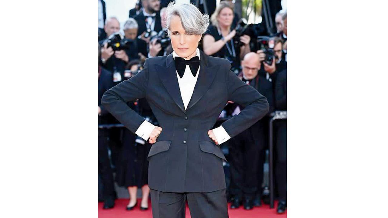 Andie MacDowell in her dinner suit. Pic Courtesy/@checkthetag