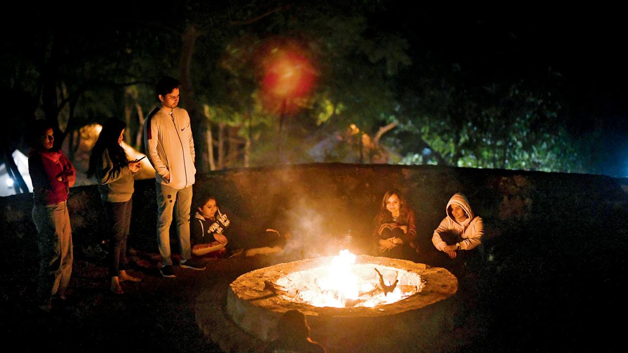 Visitors gather around a bonfire at the venue