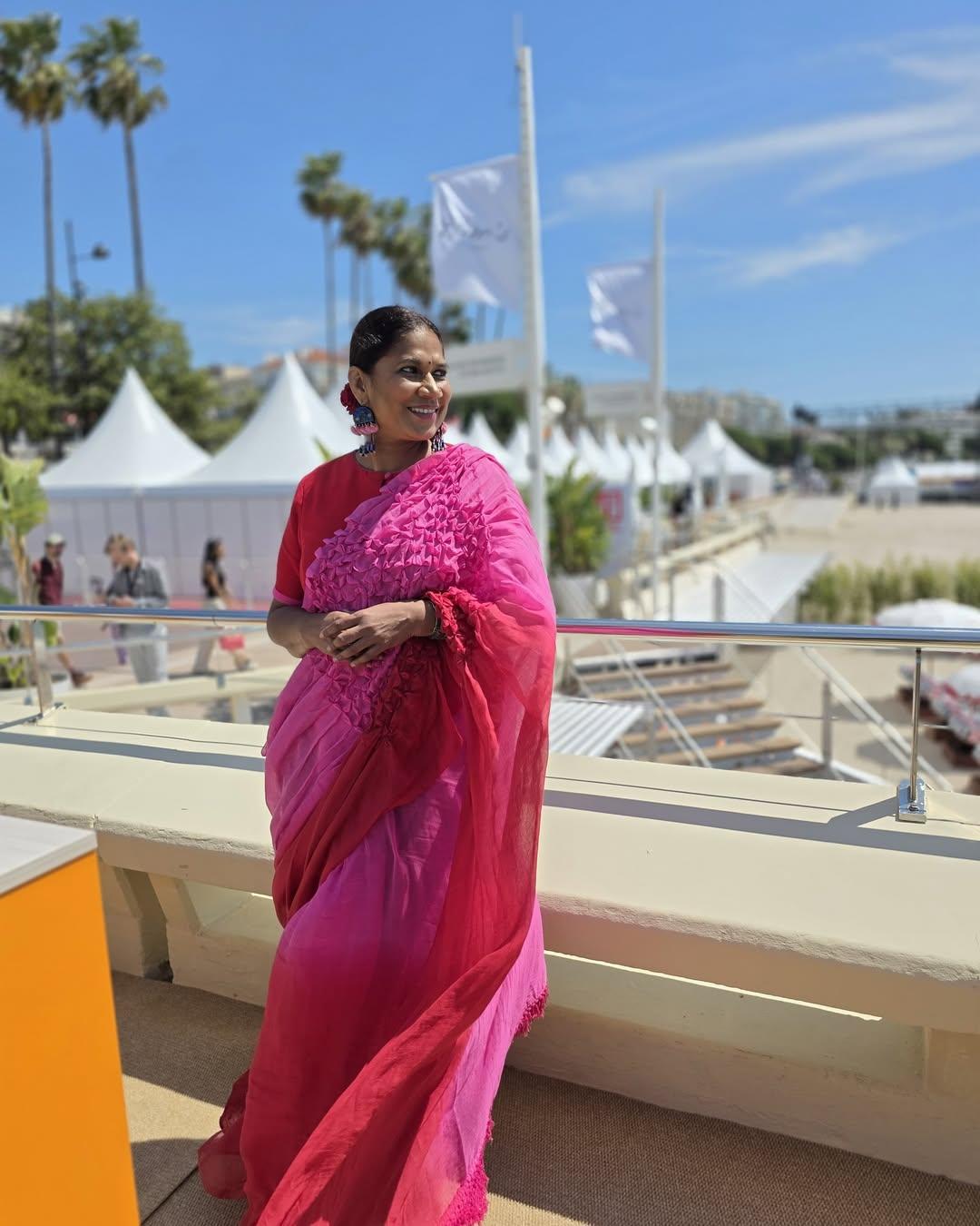 Just a year after her grand victory at Cannes for the film All We Imagine as Light, Chhaya Kadam returned to the red carpet of the prestigious film festival for the second time. For her first look, she chose a pink saree by Suat Bombay