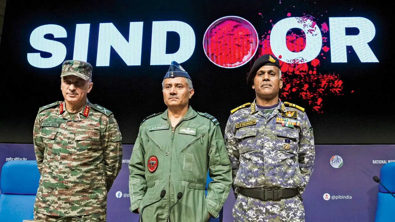 DGMO Lt General Rajiv Ghai (left), Air Marshal AK Bharti (centre), and Director General Naval Operations, Vice Admiral AN Pramod, during a press conference, on Monday. Pics/PTI