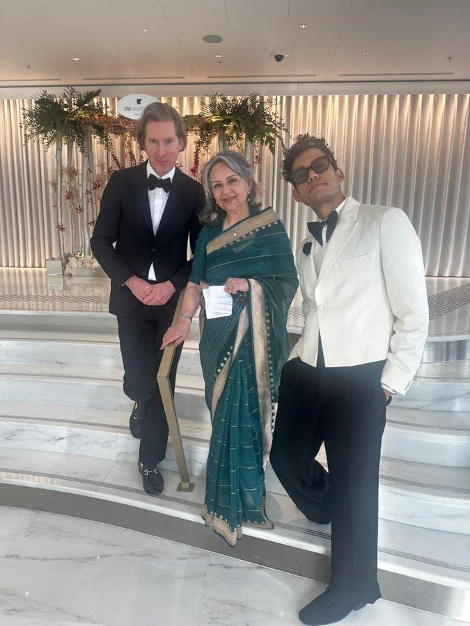 Ahead of the screening of her film Aranyer Din Ratri, Sharmila Tagore was seen posing with Wes Anderson and Agni Dutta at the 78th edition of the Cannes Film Festival in southern France, on May 18, 2025