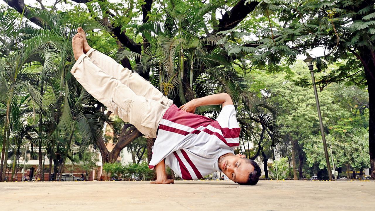 The b-boy in action at Five Gardens in Dadar East 