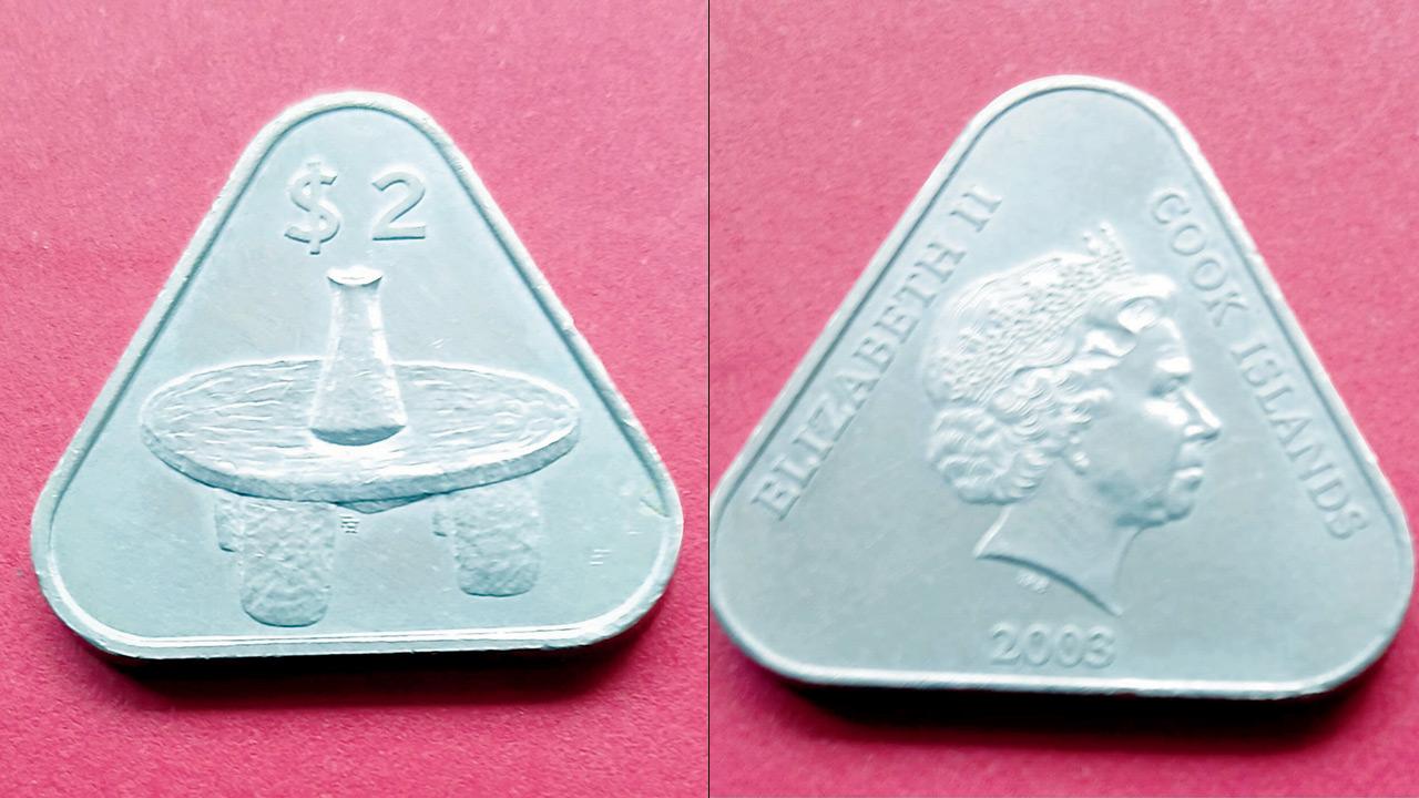 Triangular two dollar coins of Cook Islands, a dependency of New Zealand. Pics courtesy/Sanjay Joshi
