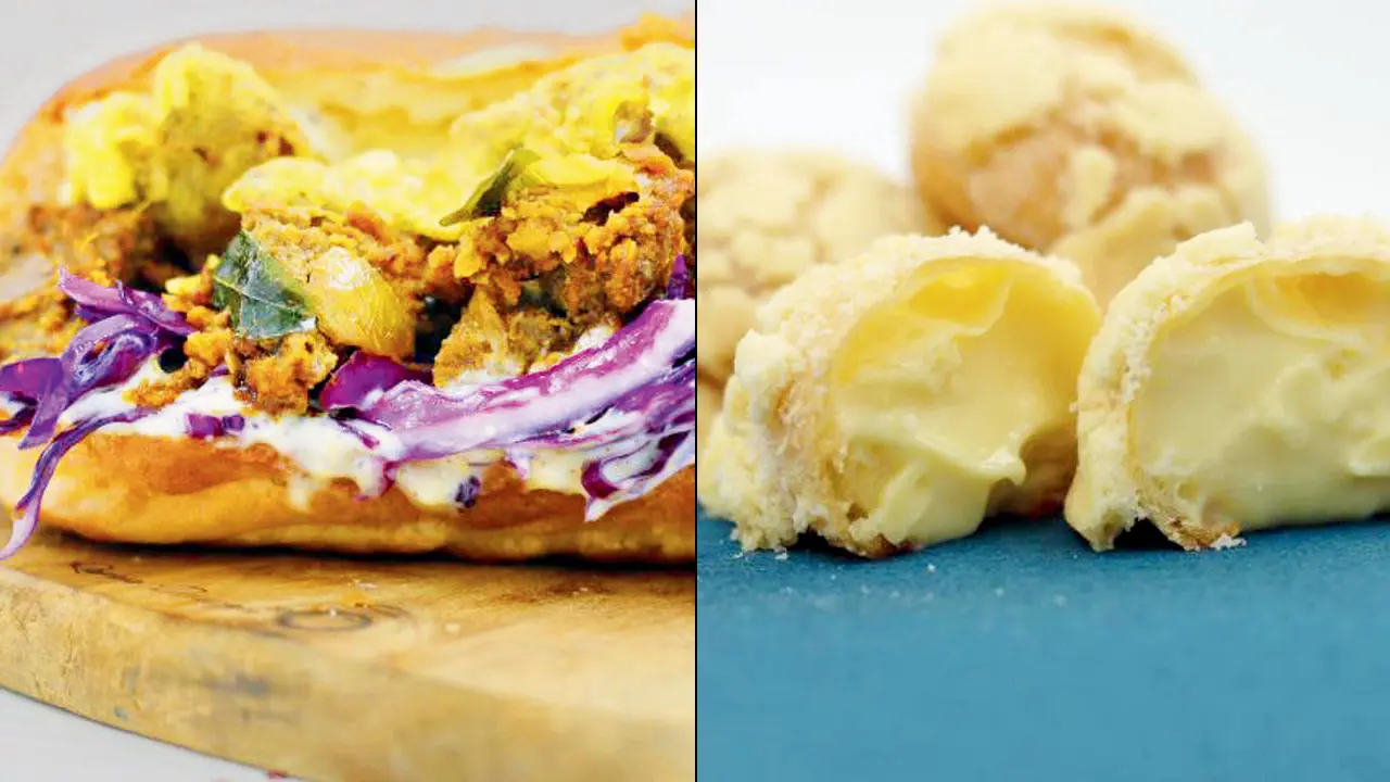 Custard choux; (right) eggplant parm sandwich