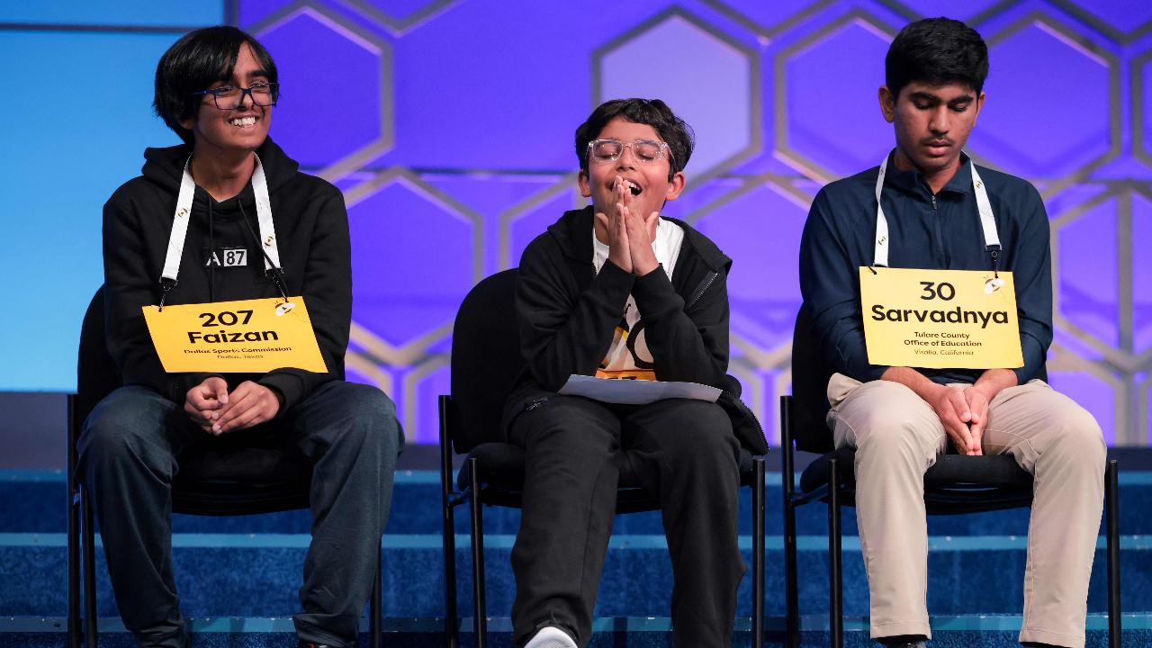 Zaki earned the prestigious title in round 21 when he correctly spelt the word, which is defined as 'the clearing up of something obscure: enlightenment'. He outlasted eight other accomplished spellers including Sarv Dharavane (centre) and Sarvadnya Kadam (right), to win the title