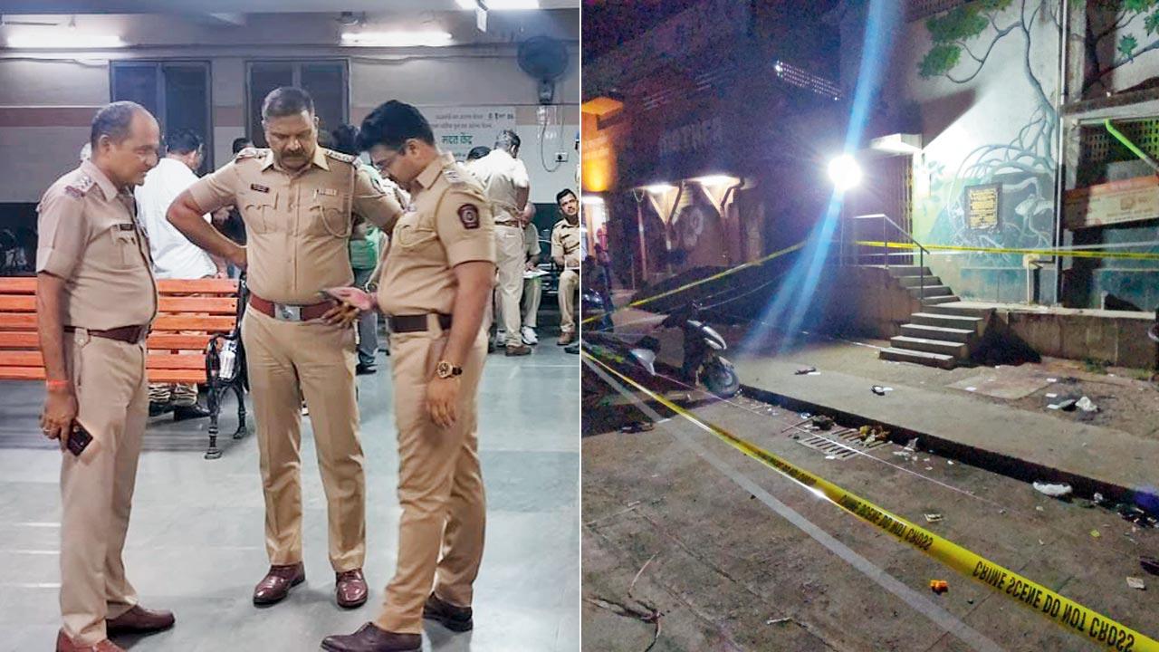 Cops at Shatabdi Hospital on Sunday; (right) The crime scene cordoned off by cops on Sunday evening