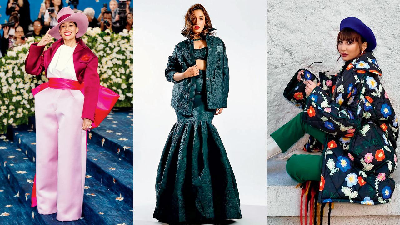 (From left) Tracee Ellis Ross wears puffy satin pants. Pic Courtesy/Traceeellisross on Instagram (middle) Tamannaah Bhatia in an exaggerated fishtail ensemble. Pic Courtesy/Shaleenanathani on Instagram (right) Exaggerated pieces pair well with streamlined separates. Pic Courtesy/Evelilycp on Instagram