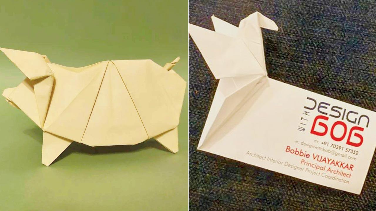 (From left) An origami pig; Vijayakkar’s unique visiting card
