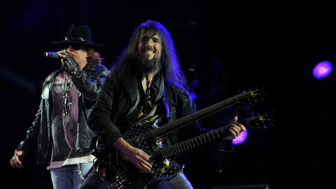 However, many Indian fans were disappointed that lead guitarist Slash hadn't come along. While he came along years later, watching him with the original band is one that many fans have been waiting for. In photo, Axl Rose performs with guitar player Ron 