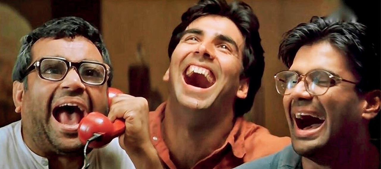 (From left) Paresh Rawal, Akshay Kumar, and Suniel Shetty in a still from Hera Pheri