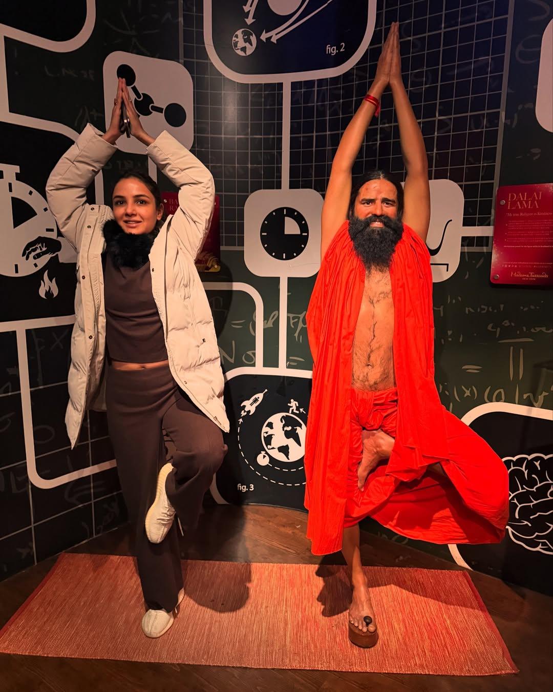 While in New York, Jasmin visited a wax museum, and this next photo has to be one of the cutest snaps from the trip. She posed with a wax statue of Baba Ramdev, adding a fun twist to the day