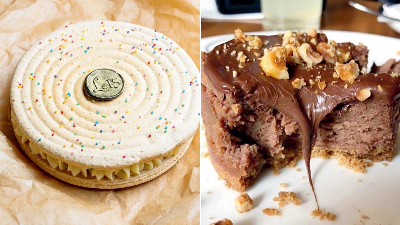 (Left) Macaroon cake; (right) a serving of mini nutella cheesecake 