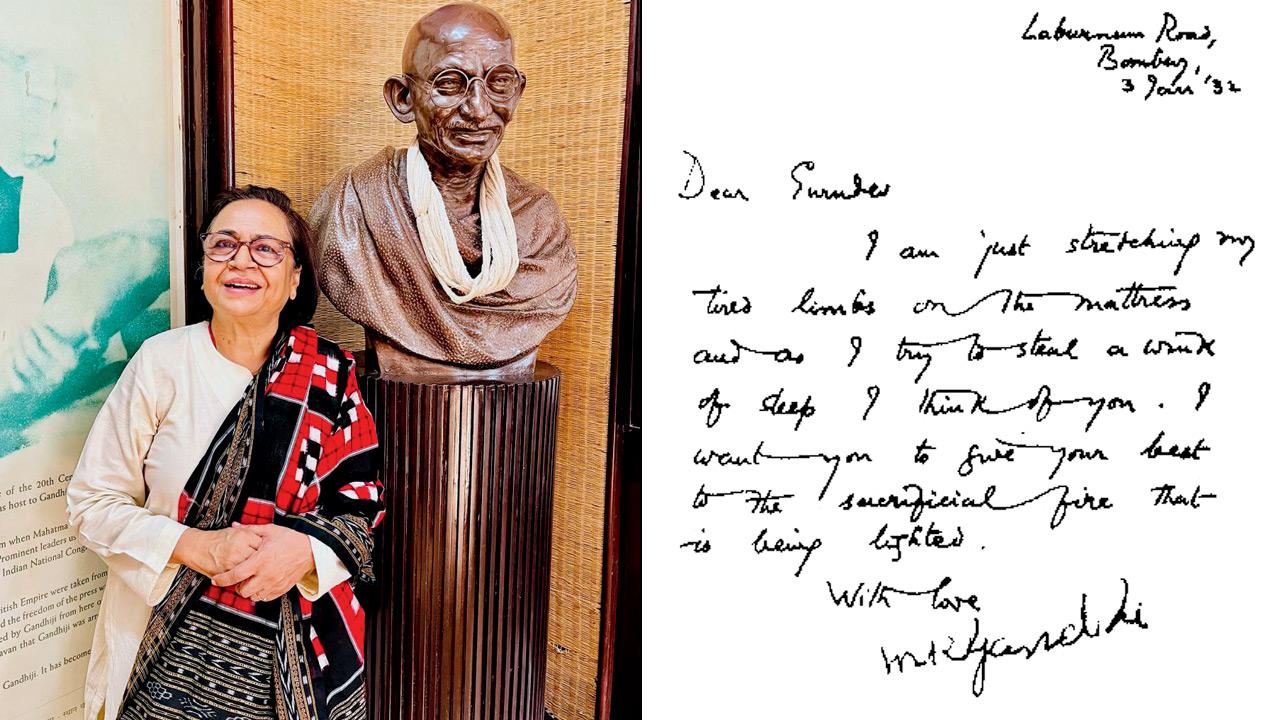 (L) Sandhya Mehta; (R) A handwritten letter by Mahatma Gandhi to Rabindranath Tagore on his return from England (Pics Courtesy: Mani Bhavan Sangrahalaya)
4. A friend to the Mahatma
Though he was older than Mahatma Gandhi, Tagore shared a close bond with him. “He travelled to Bombay in 1920 when he met with Gandhiji at Mani Bhavan,” shares Sandhya Mehta, researcher at the Mani Bhavan Sangrahalaya and co-author of Gandhi in Bombay. “Gandhiji even wrote in a letter to Devdas Gandhi quoting, ‘I saw a good deal of the poet in Bombay.’ Remember, this was also the time they were propagating the idea of Swadesi,” she adds. Those intrigued can always drop in for a peek at the letter that is displayed at the Sangrahalaya till date