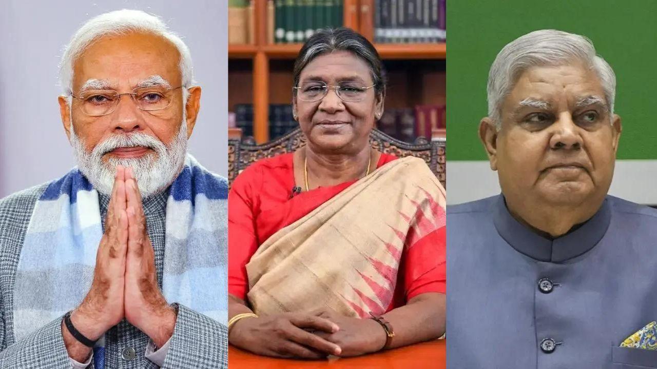 PM Narendra Modi(L), Presdient Darupadi Murmu(C), Jagdeep Dhankhar(R). File pics