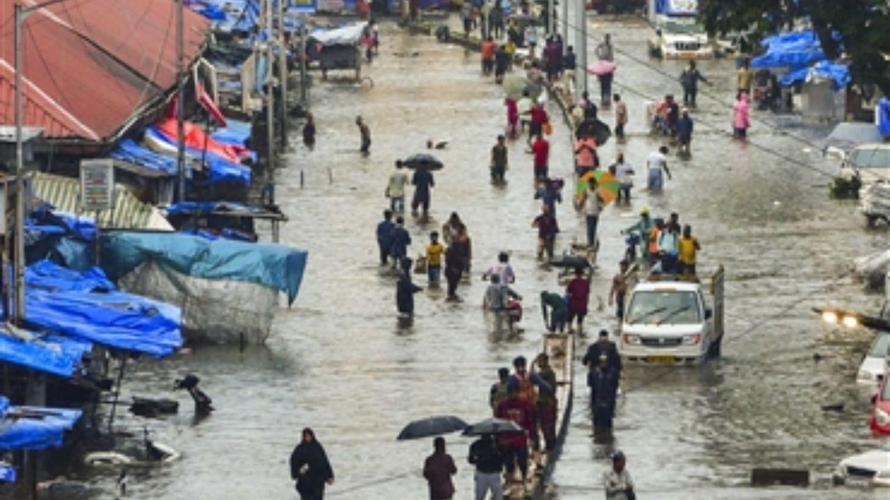 A waterlogged street in Mumbai following Monday's heavy showers. Pic/PTI