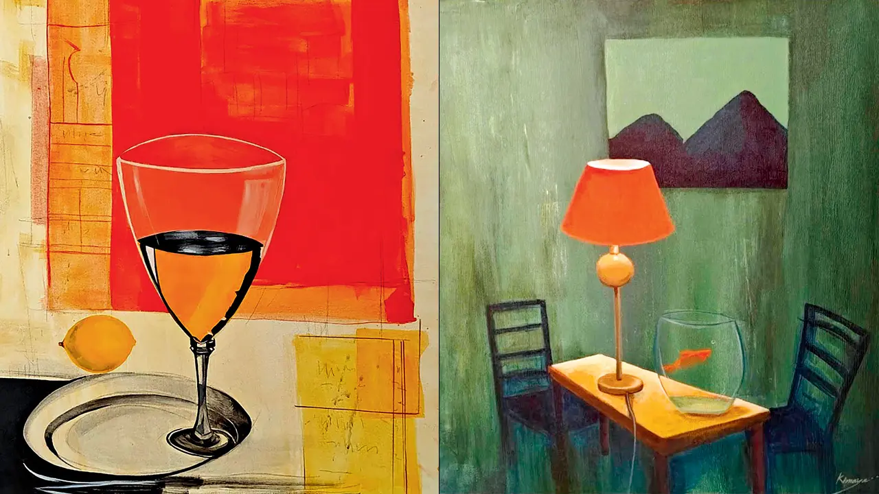 An artwork by Pehel Birawat (right) Kimaya Singhania’s work