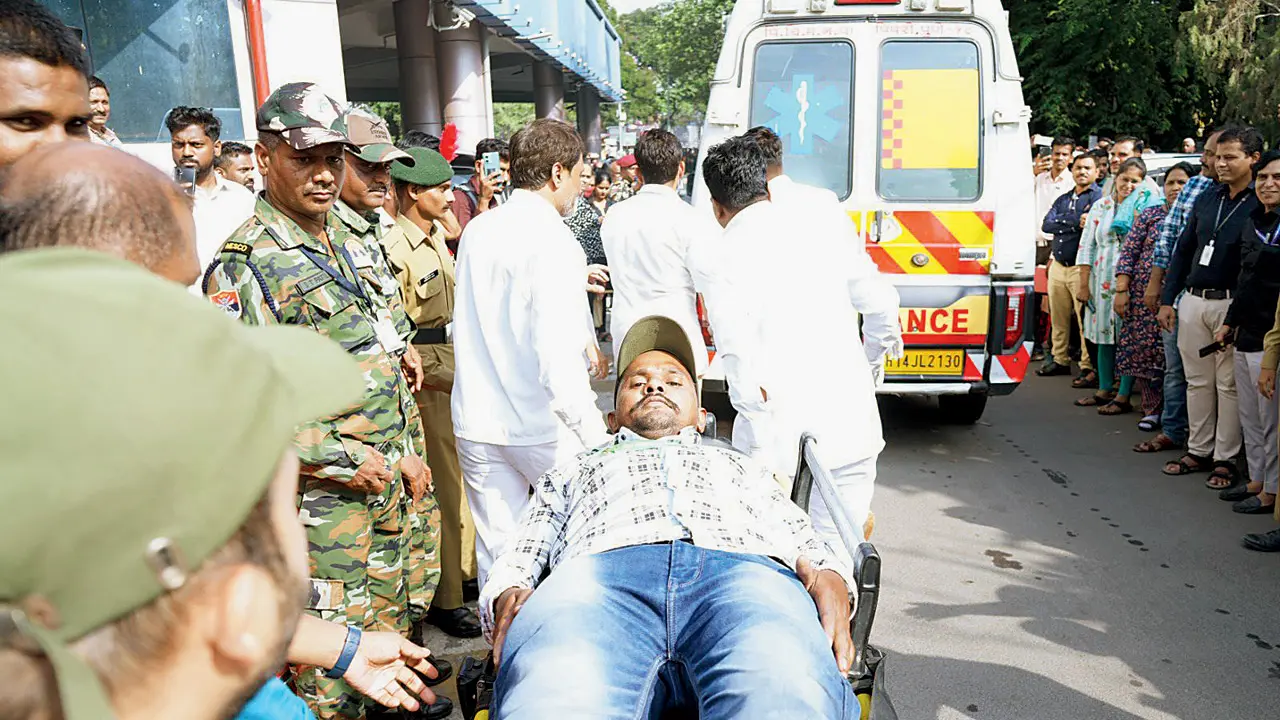 An ‘injured’ man being taken to an ambulance. Pics/By Special Arrangement