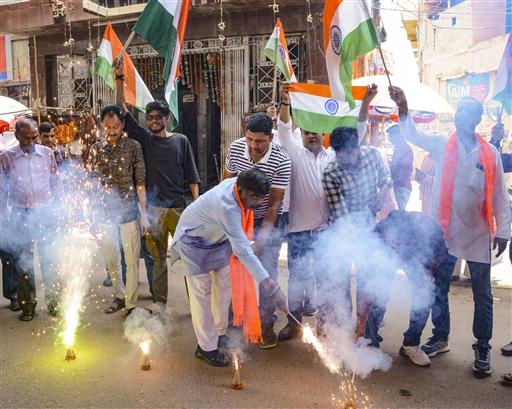 In Ranchi, BJP workers gathered to wave flags and burst crackers in tribute to the armed forces' response to the Pahalgam terror attack.