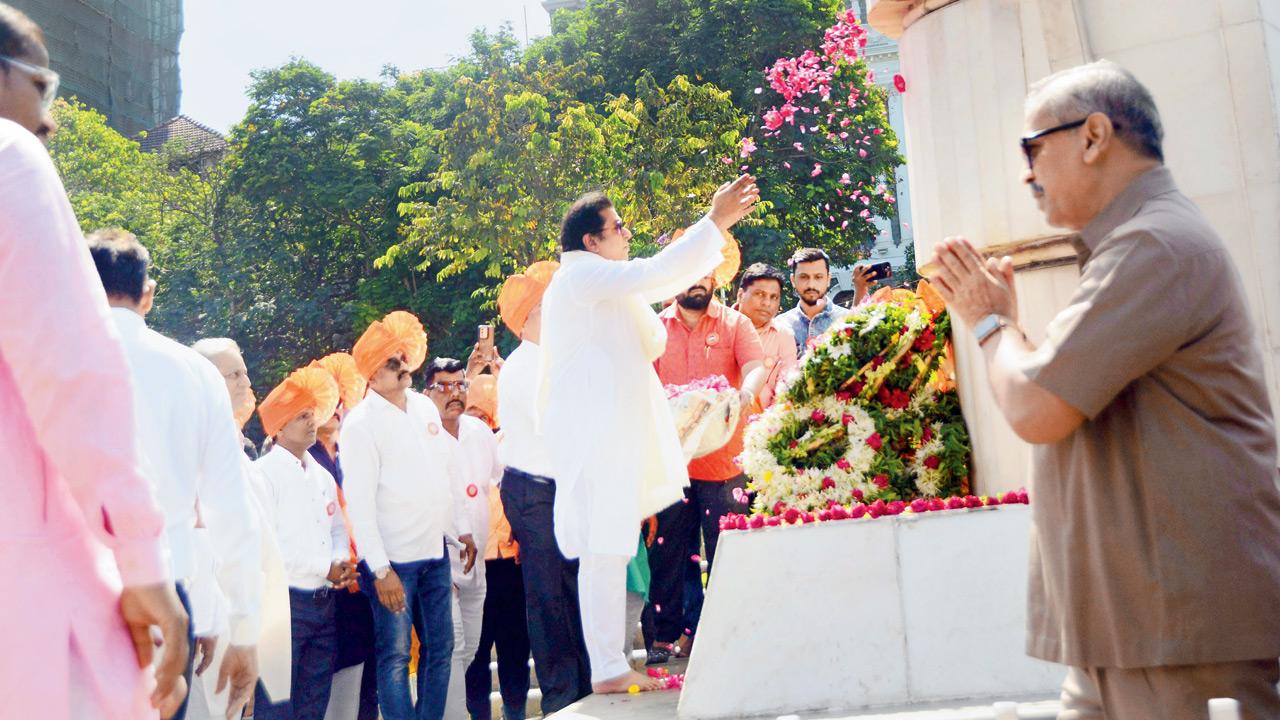 The nature of Maharashtra Day has changed from a quiet remembrance to a public spectacle with political overtones. In this file photo from May 1, 2024, MNS president Raj Thackeray pays tribute at Hutatma Chowk. Pic/Sayyed Sameer Abedi
