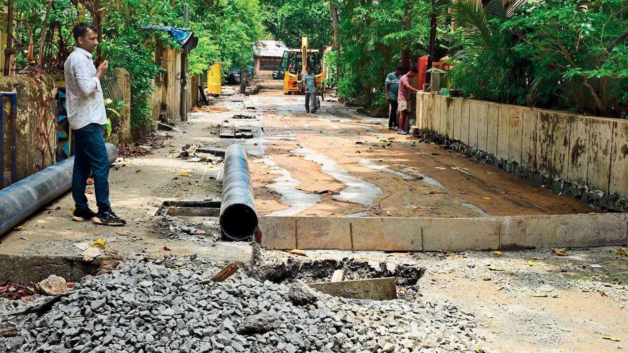 Work started in late February on Borivli East's Shrikrishna Nagar, Cross Road No. 3. Of all the roads in the locality, this is the only one still left with cement pouring work