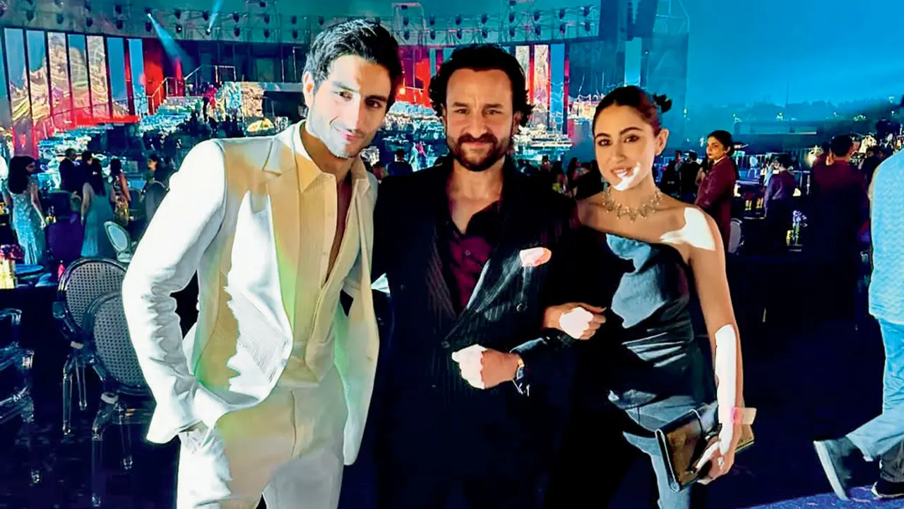 Saif Ali Khan (centre) with daughter Sara Ali Khan (right) and son Ibrahim Ali Khan (left)