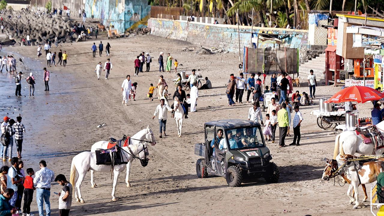 Authorities patrolling Dadar Chowpatty on Friday. Pic/Ashish Raje 