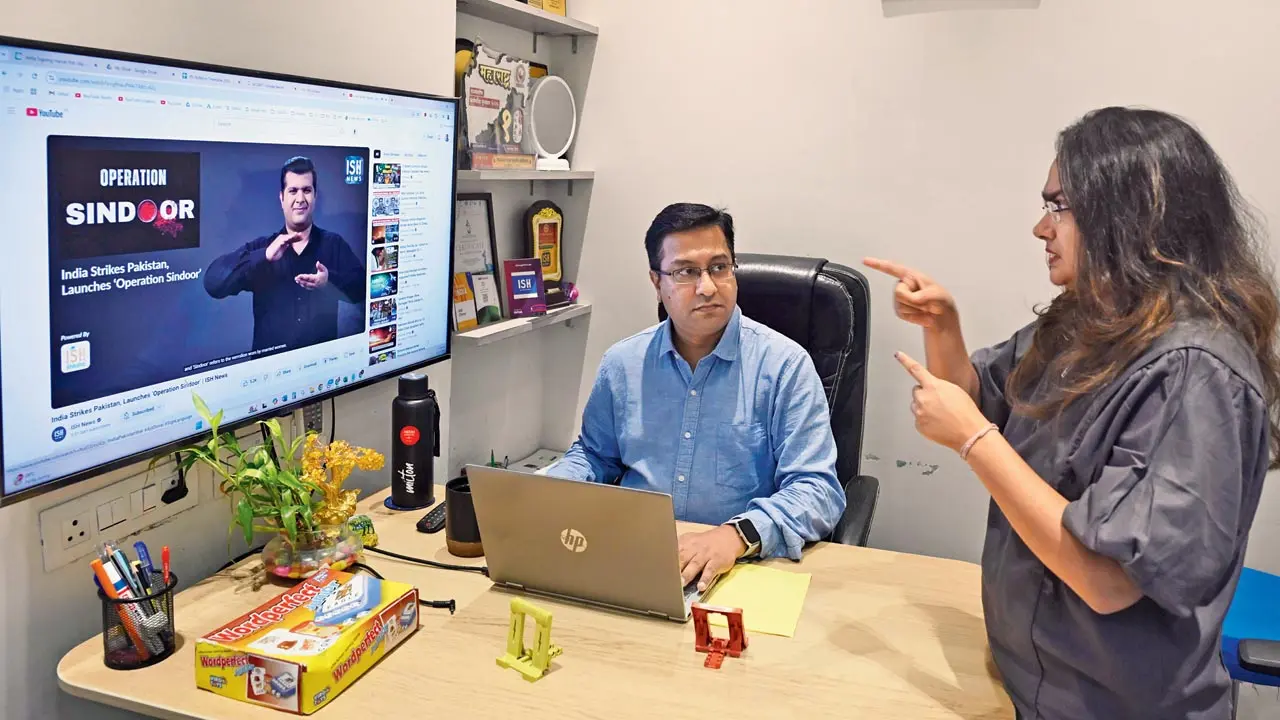 Aqil Chinoy and Mansi Shah discuss ISH News’s sign-language video disseminating information on Operation Sindoor, and dos and don’ts. Pic/Ashish Raje