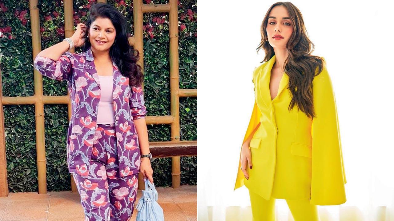 Dollie Solanki sports block prints on her suit; Avoid heavy accessories while styling the suit. Pic Courtesy/Tanghavri on Instagram